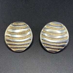 Oval Clip-On Statement Earrings Ridge Textured Design VTG Sterling Silver 925 Si